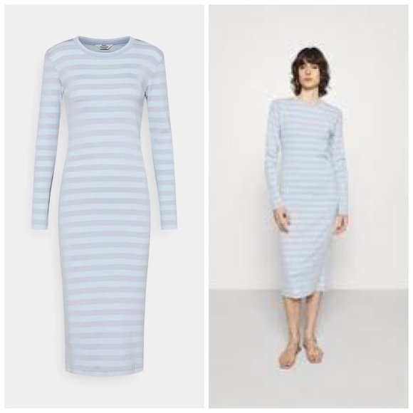 Mads Nørgaard Copenhagen Pale Blue Stripe Long Sleeve Midi Dress - Picture 1 of 11